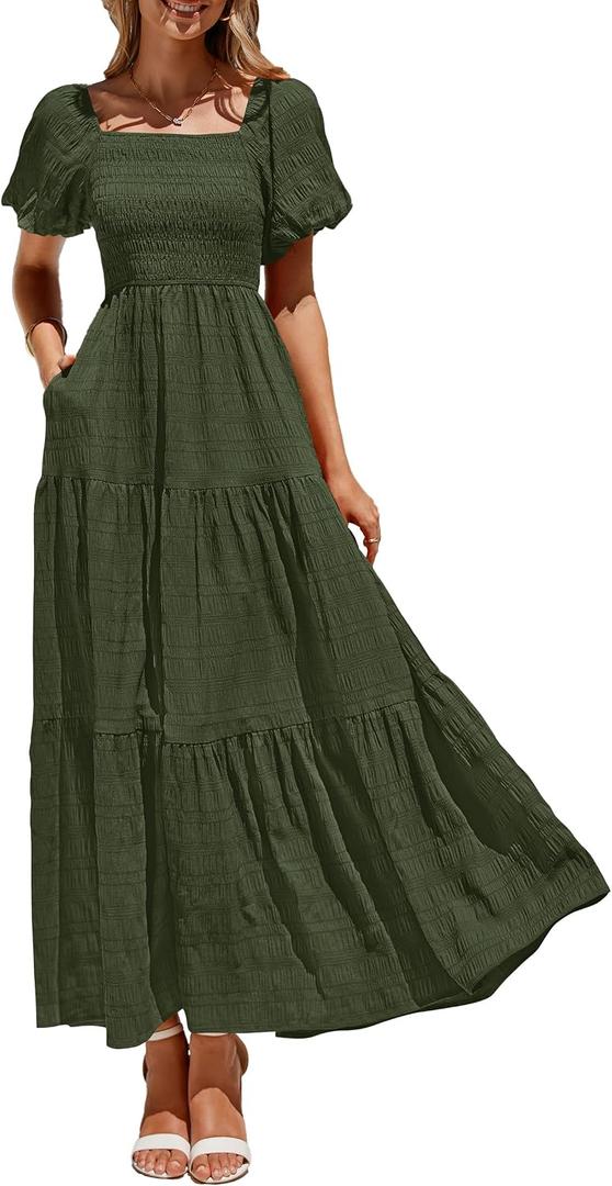 PRETTYGARDEN Womens Summer Puff Short Sleeve Maxi Dress Square Neck Smocked Tiered Ruffle A Line Long Flowy Beach Dresses (L)