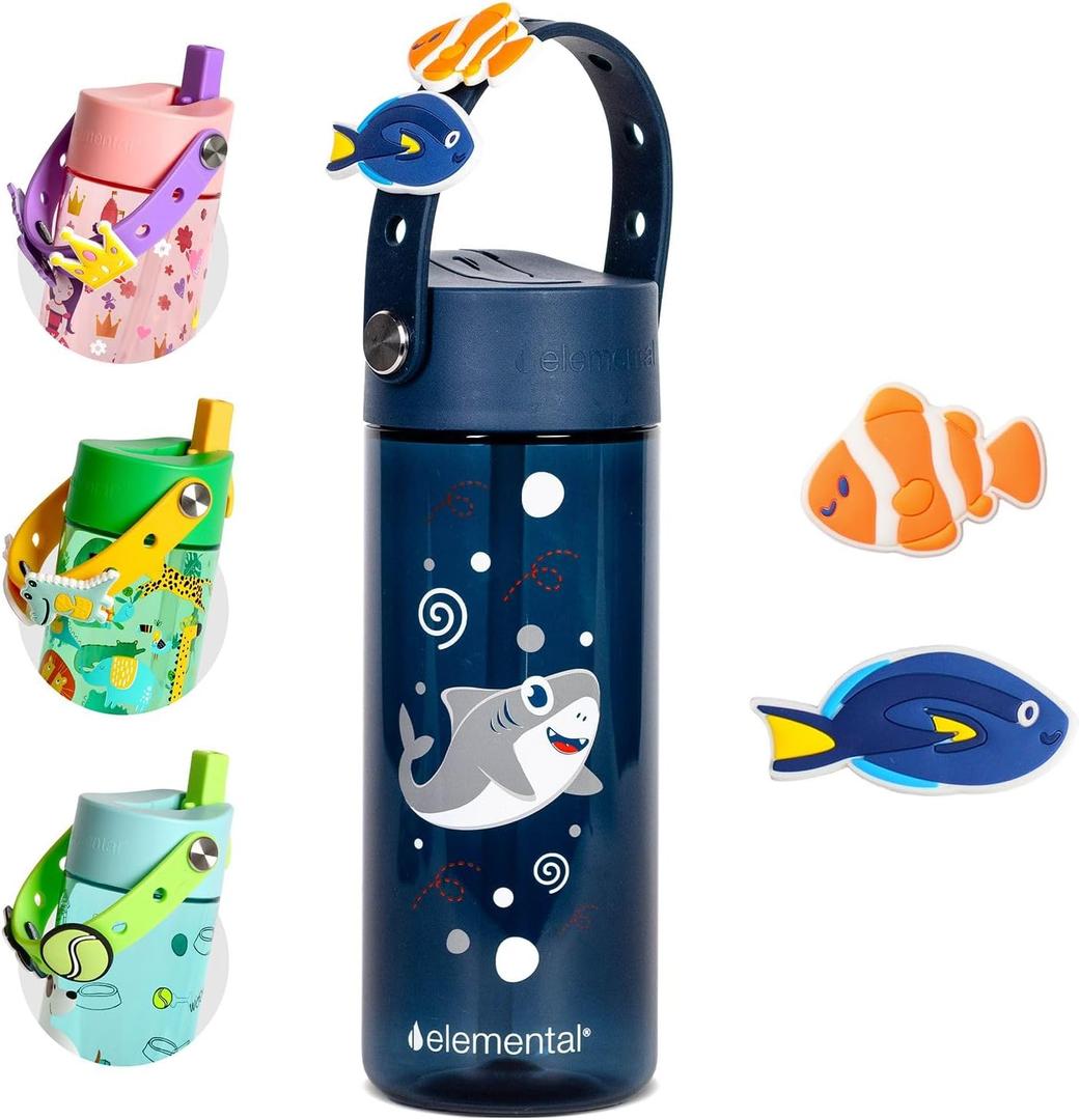 Elemental Water Bottles for Kids - Splash Kids Water Bottle for School with Fun Charm Handle - BPA Free Tritan Plastic Bottle with Straw Leak Proof When Spout is Closed - 18oz - Shark Friends