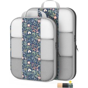 2 Set Compression Packing Cubes for Travel Essentials,Compressible Expandable Packing Cubes for Suitcase,OlarHike Luggage Organizer Bags for Travel (Dark Blue Floral)