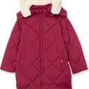 Amazon Essentials Girls and Toddlers' Long Quilted Cocoon Puffer Coat (3T, Ecru Raspberry Red Shearling)