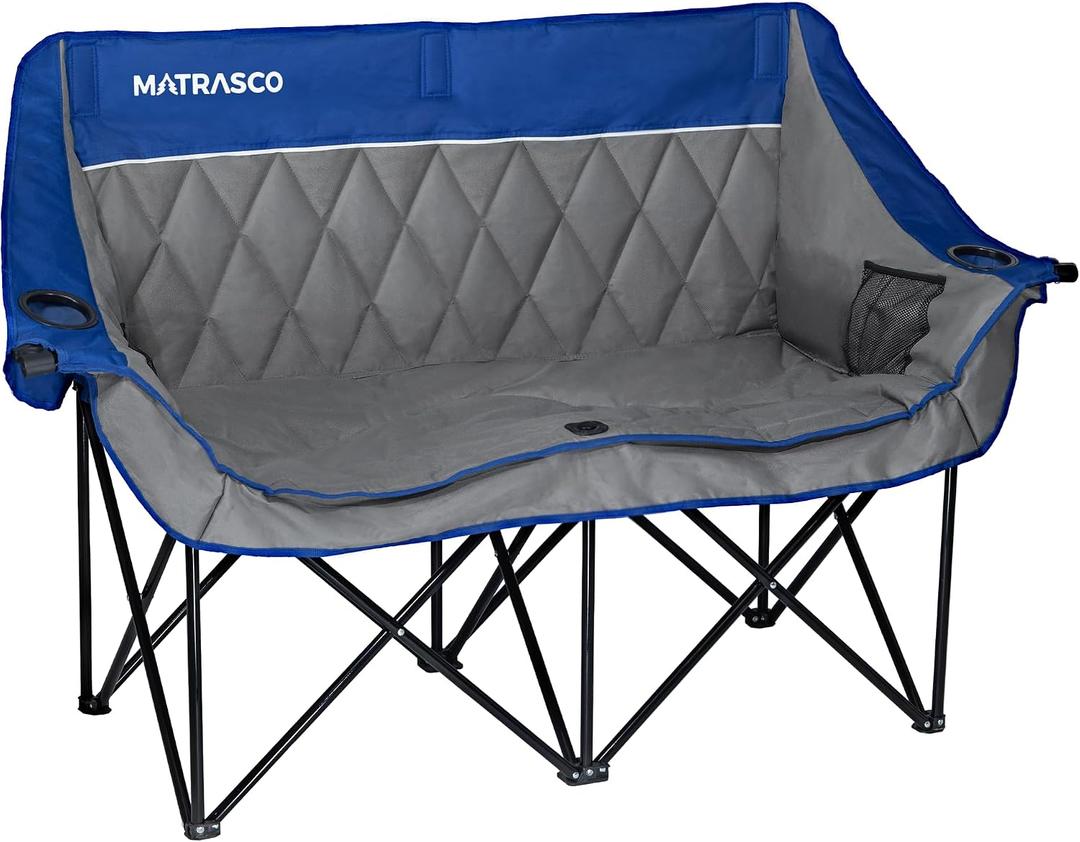 Oversized Double Padded Camping Chair Loveseat, Sapphire Blue
Diamond Quilted Padded Loveseat, 2 Cup Holders & Wine Glass Slots, Heavy-Duty Frame, Portable for Outdoor, Camping, Backyard