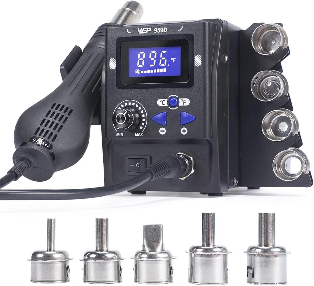 WEP 959D Hot Air SMD Soldering Rework Station with Quick-Change Nozzle System, Nozzle Holder, 5 Additional Nozzles, Adjustable Temperature, C/F Conversion and Buzzer Prompt