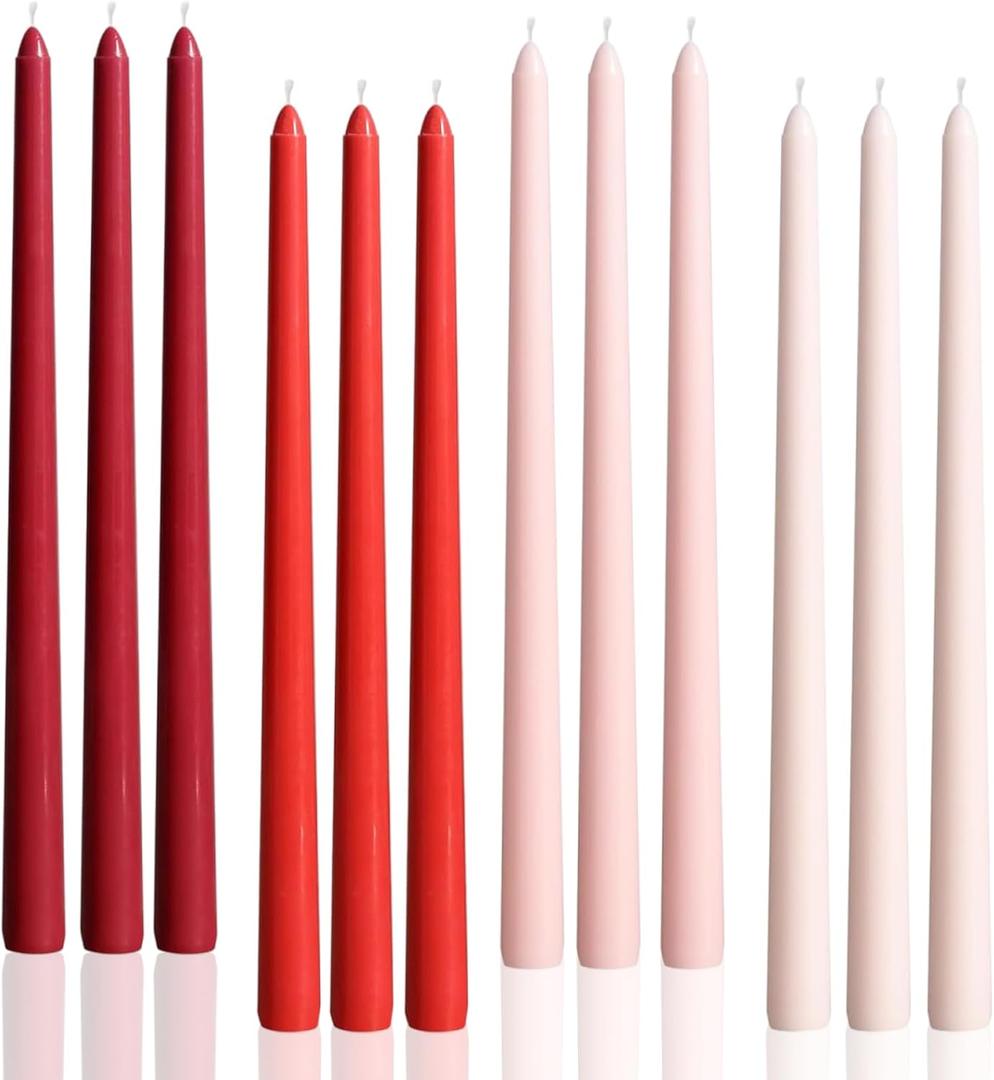 12 inch Red Gradient Taper Candles Unscented Smokeless Long Tall Tapered Candle for Candlesticks Sticks Wedding Advent Home Decor Dinner ChristmasSet of 12