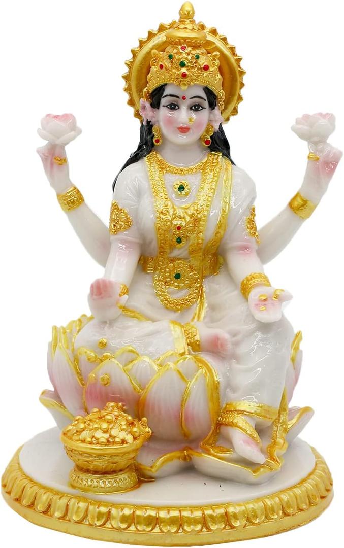 Indian Goddess Meditation Lakshmi Figurine - 5.7H Marble Look Murti Laxmi Idol Statue for Home Office Temple Mandir Pooja Item Puja Decor Diwali Gifts Indian Spiritual Decor Gift