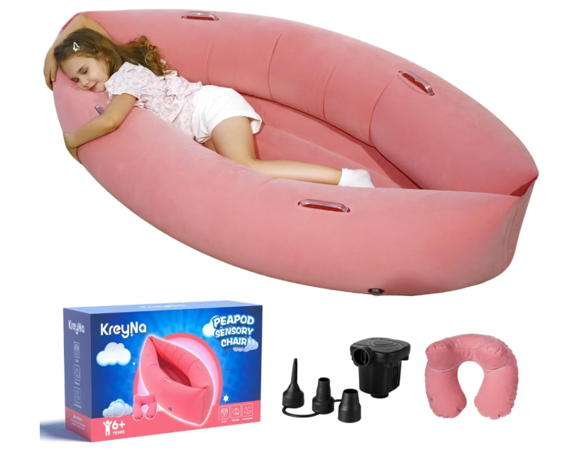 Sensory Chair Inflatable Peapod Canoe, 60" Sensory Pod Sitting for Autistic Children, ADHD Sensory Pea Pod with Neck Pillow, Electric Air Pump, Pink
