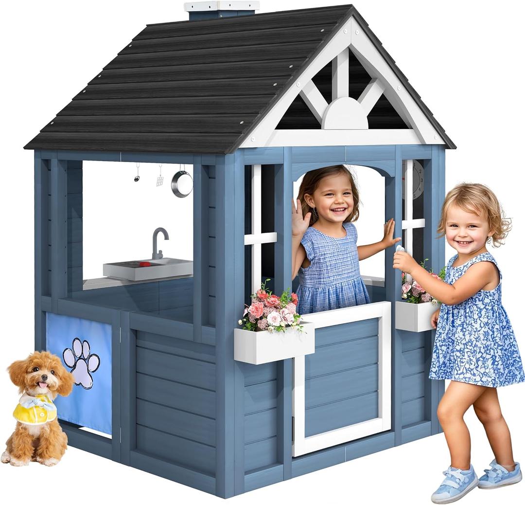 Kids Outdoor Playhouse, Cedar Wooden Kids Playhouse with Play Kitchen, Pet Door, Sink, Stove, Cookware, Windows, Flowerpot Holders, Ringing doorbell, Cottage Play House for Backyard Blue