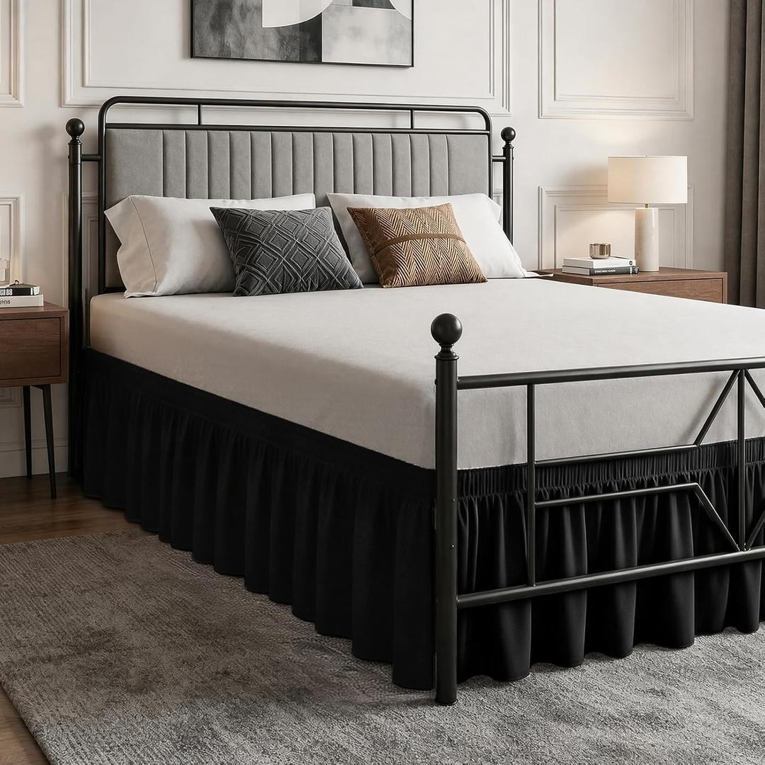 Vocander Black Split Corner Bed Skirt for King Beds 14 Inch Drop, Adjustable Elastic Dust Ruffles for Metal Frame, Adjustable Tailored Bedskirts Fade & Wrinkle Resistant