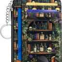 Goth Bookshelf Skull Credit Card Holder Small Wallet Women, Gothic Witchy Slim RFID Blocking Wallet Woman Keychain Zipper Coin Pocket, Front Pocket Thin Travel Card Case ID Window Ladies Gift
