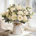 LESING Artificial Rose with Vase, Fake Silk Flowers Bouquets in Vase Table Centerpiece Arrangement for Kitchen Living Room(Champagne-1)