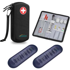 MEDMAX Hard Shell Insulin Cooler Travel Case with 2 Ice Pack, Shock Absorption Insulated Diabetic Medication Organizer Carrying Bag with Extra Pouch for Insulin Pen and Other Diabetic Supplies, Black
