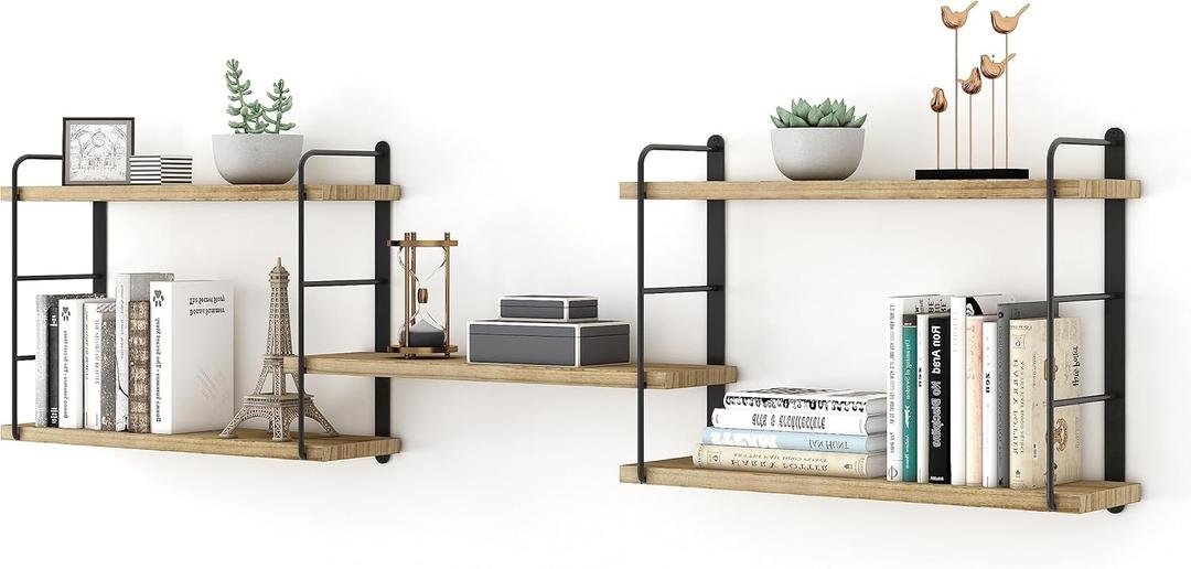 Wall Mounted Floating Shelves, Rustic Wall Decor Wood Shelves for Bedroom, Living Room, Bathroom and Kitchen Storage, Easy Installation (5, Wooden)