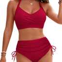 Blooming Jelly Womens High Waisted Bikini Sets Drawstring Tummy Control Swimsuits Crisscross Tie Back Bathing Suit (Small, Red)