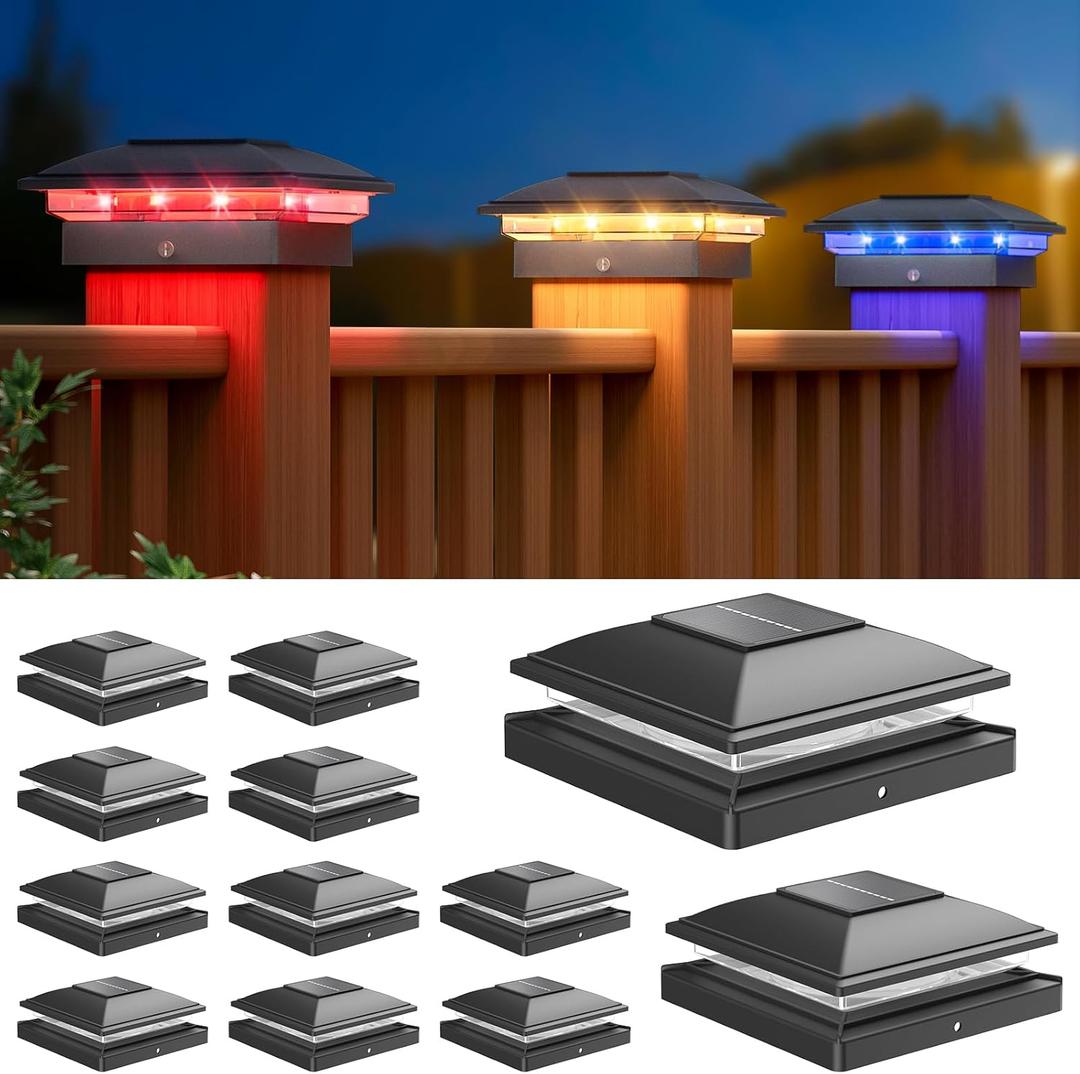APONUO 12 Pack Solar Post Cap Lights Color Changing - RGB 8 Solid & Gradient Colors, IP65 Waterproof, for 4x4 5x5 6x6 Wood Vinyl Fences, Deck, Patio, Yard (Black)