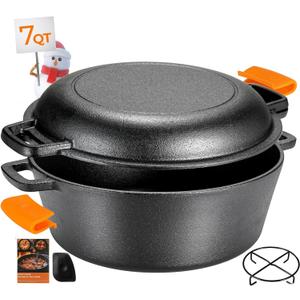 TLGREEN Cast Iron Dutch Oven Pot with Lid, Pot (5.1QT) and Lid as a Skillet(1.9QT) - Dutch Oven Cast Iron with Silicone Holders, Iron Stand, for Oven, Stove, Grill Campfire (7qt)