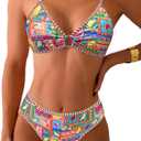 Fanuerg Women's Triangle Bikini Sets O Ring Linked Two Piece Swimsuits Floral Printed Cheeky Bathing Suit (Large)