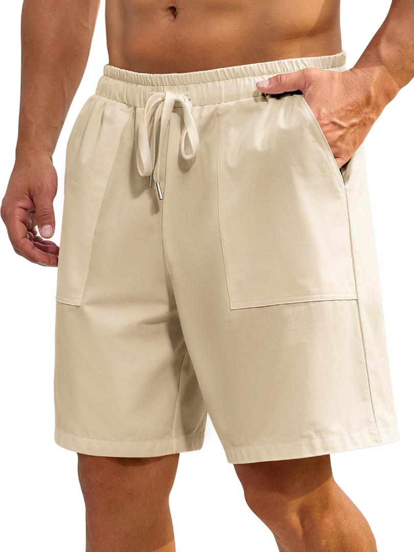 Mens Shorts Casual for Summer Beach Cotton Drawstring Stretch Twill Chino Golf Shorts Elastic Waist with Pockets (Medium, 1-light Khaki)