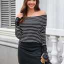 MAKABO Off The Shoulder Sweater for Women Striped Knit Long Sleeve Pullover Sweaters Tops Trendy Outfits (L)