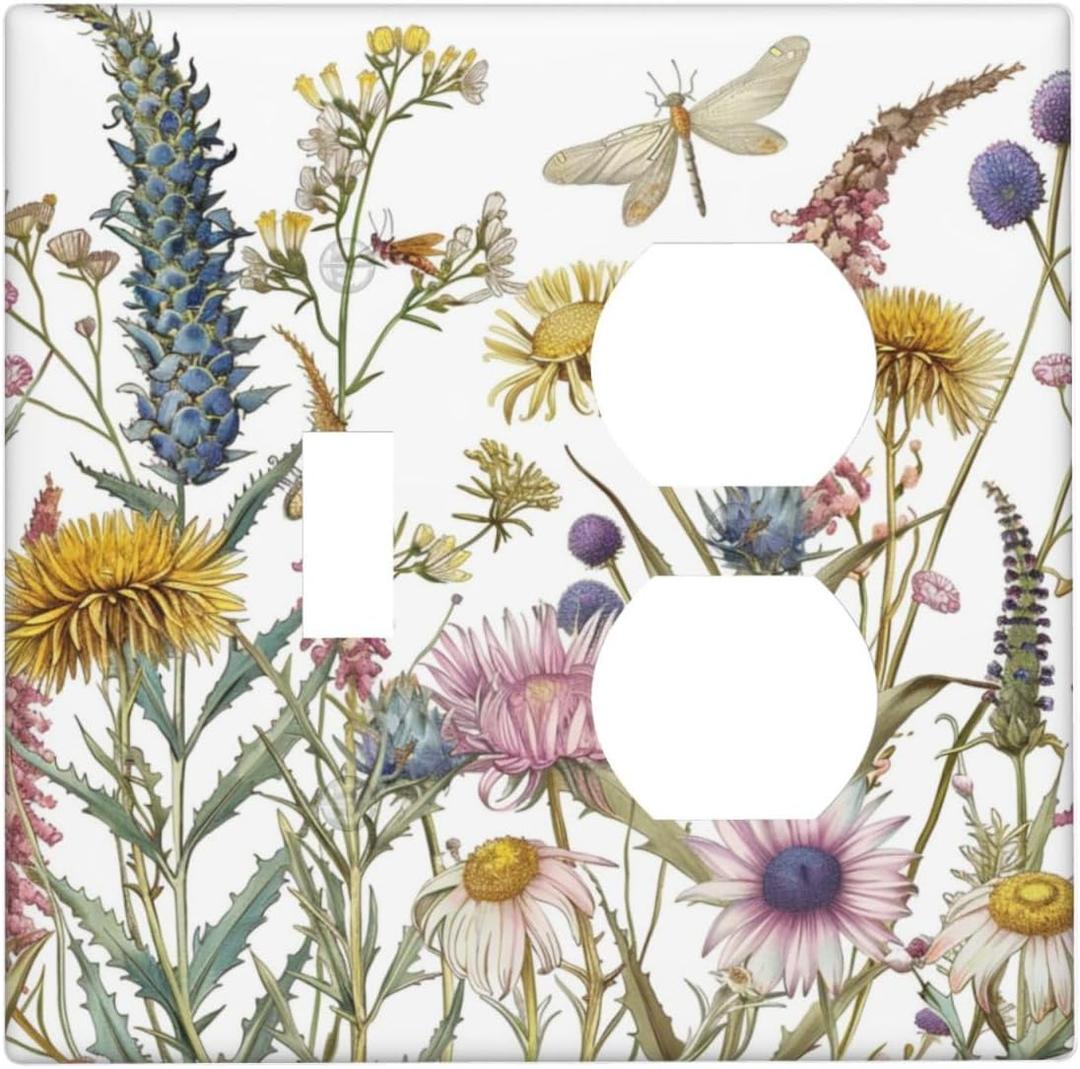 Light Switch Cover Plate Botanical Wildflowers Dragonfly Colorful Floral 2 Gang Decorative Switch Plates 1 Toggle Duplex Combo Outlet Covers GFCI Wall Plates for Bathroom Bedroom Decor