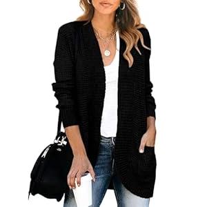 KIRUNDO Cardigan Sweaters for Women 2024 Fall Open Front Long Sleeve Loose Lightweight Knit Sweater Coat with Pockets (Black, Small)