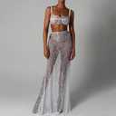 Women 2Pcs Lingerie Set Lace See-Through Sleeveless Camisoles High Waist Long Skirts with Chain Sleepwear (White, L)
