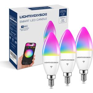 E12 Smart Bulb 60W Equivalent, 500LM 6W WiFi Candelabra LED Light Bulb Compatible with Alexa/Google Home, No Hub Required, RGBCW Chandelier Candle Bulb, 2.4G WiFi Only, ETL Listed, 3PCS