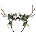 MOSTORY Handmade Deer Horns Headband - Flower Antler Hairband Woodland Reindeer Headpiece with Berries for Prom Renaissance Halloween Cosplay Accessory (White-gold)