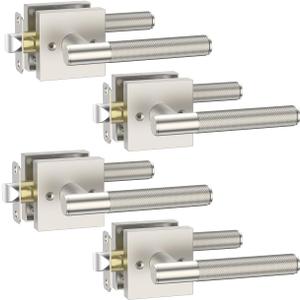Asidrama 4 Pack Passage Brushed Satin Nickel Door Handles, Door Lever with Door Knobs Indoor for Bedroom or Bathroom, Brushed Satin Nickel Door Handles Interior with Locks for Left Right Sided Doors