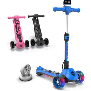 Elecorange T200/T500 Balance Electric Scooter for Kids Age 4-9, 2 Types Front Wheels, Electric Horn, Full Body Lights Up, Wide Deck, 5Mph Safe Speed, 70min Riding, Foldable Kick Scooter Boys & Girl (Sky Blue)