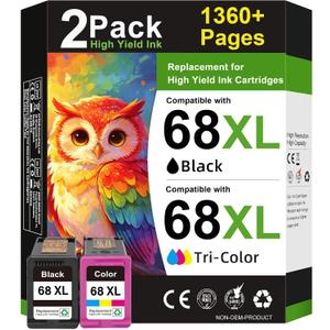 68XL 68 Ink Cartridges Black/Color Combo Pack Compatible for HP68 68 XL 68 Ink Cartridges for HP Printers Replacement for HP Ink 68 68e for Envy 6155e 6100e 6152e 6500e 6552e 6555e 6558e
