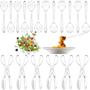 18 Pcs Plastic Serving Utensils 9" Clear Disposable Utensils Set Includes Spoons, Serving Forks, Tongs for Birthday, Wedding Parties, Buffet Cutlery Food (Clear)