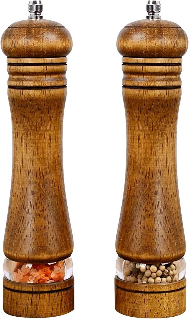 Haomacro Pepper Grinder, Wood Salt and Pepper Mills Set, Classic Manual Spice Grinder Refillable Salt Mill Sets with Acrylic Visible Window Adjustable Ceramic Grinding Rotor 8 inch 2 Pack