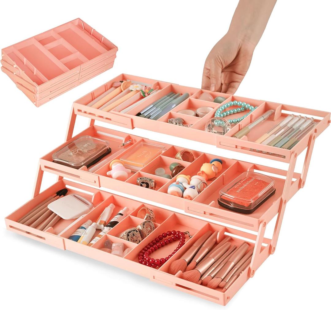 3 Tier Drawer Organizer - Expandable Junk Drawer Organizer Smart Office Supply Organizer, Folding Storage Multi-level Desk Organizer for Makeup,Jewelry,Kitchen Storage (1 Row 3 Tier, Pink)