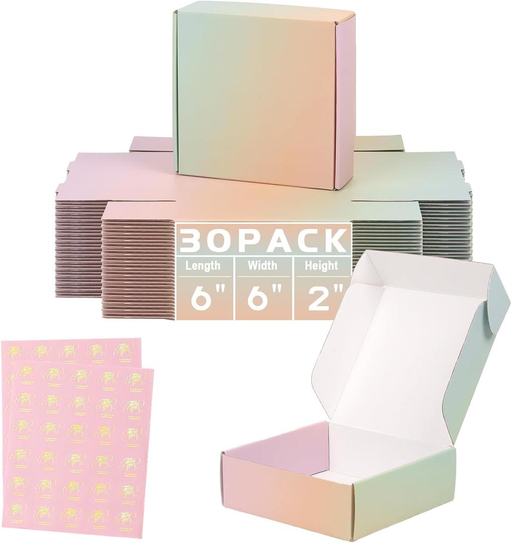 30 Pack 6x6x2 Inch Shipping Boxes for Packaging, Small Cardboard Box Mailers for Mailing Packing Corrugated Gift Boxes (Color)