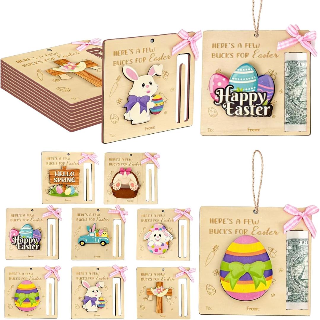 8Pcs Easter Money Holders for Cash Gift, Easter Wooden Money Holders Card Bunnies Ornaments for Holiday Tree Ornaments Table Centerpiece Decorations