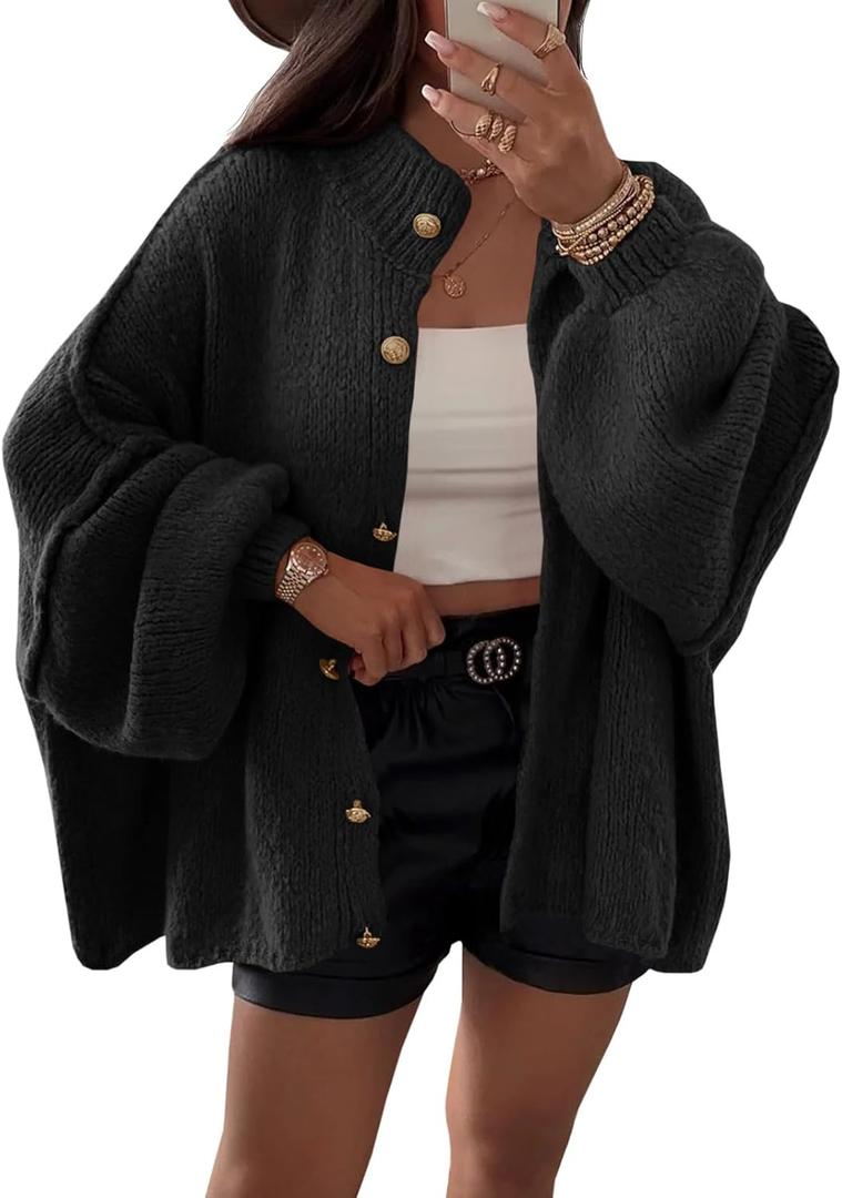 Saodimallsu Womens Oversized Cardigans Long Lantern Sleeve Button Down Chunky Knit Loose Fall Sweater Coats (Small, Black)