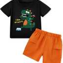 Toddler Baby Boy Summer Clothes Short Sleeve T-Shirt Tops and Elastic Cargo Shorts with Pockets for 18M-6 Years (A Black Orange Dinosaur)