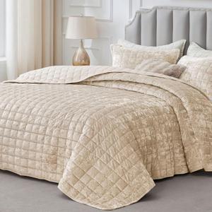 BEDELITE Velvet Quilt Set King Size - Luxury Velvet Comforter Bedding Set 3 Pieces, Lightweight Soft Cozy Shiny Urban Taupe Oversized Bedspread Coverlet for All Seasons with 2 Pillow Shams, King/Cal King