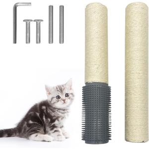 Fhiny 2PCS Cat Scratching Post Replacement, 15.7inch M8 Natural Sisal Cat Scratch Post with Cat Self Groomer Refill Pole Parts Kitten Climbing Furniture Protector Hemp Rope Scratcher for Spare  White, 2 Post/with Self Groomer