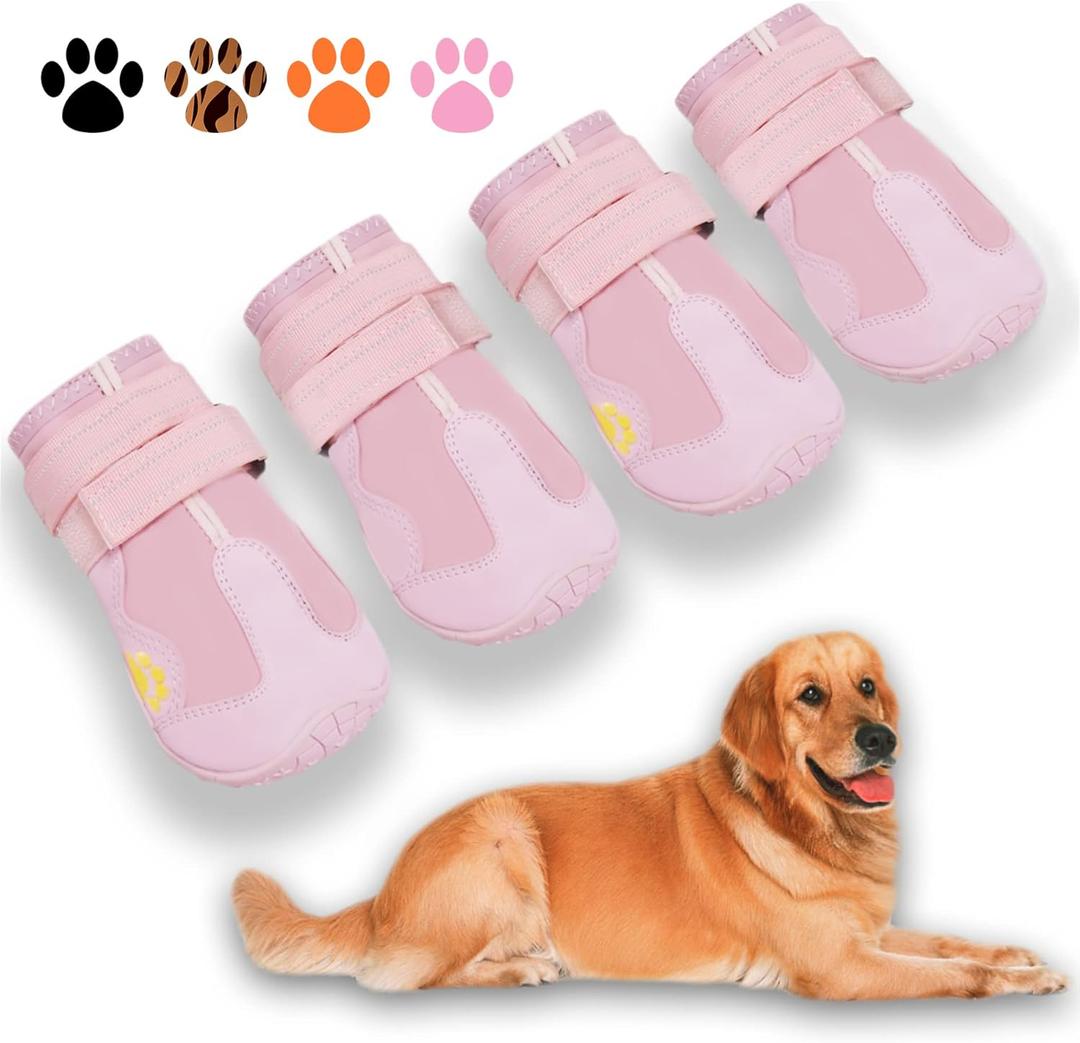 XSY&G Dog Boots, Waterproof Dog Shoes, Dog Booties with Reflective Strips, Rugged Anti-Slip Sole and Skid-Proof, Outdoor Dog Shoes for Small, Medium, Large Dogs 4Pcs Pink-Size 1