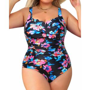 Aqua Eve Womens Plus Size One Piece Swimsuit- Tummy Control Bathing Suit Full Coverage Swimwear (14 Plus, Black Colorful Floral)