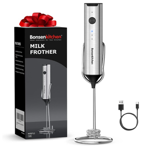 Bonsenkitchen Rechargeable Milk Frother with Stand, 3Speed Handheld Coffee Frother, Dual Spring Whisk Electric Hand Frother Wand Drink Mixer for Matcha Lattes Cappuccino, Kitchen Gifts