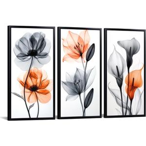 iKNOW FOTO Calla Lily Poppy Flower X-Ray Botanical Wall Art with Black Frame Set of 3 Nature Wilderness Minimalist Canvas Black and Orange Floral Prints for Bedroom Each 8x16''