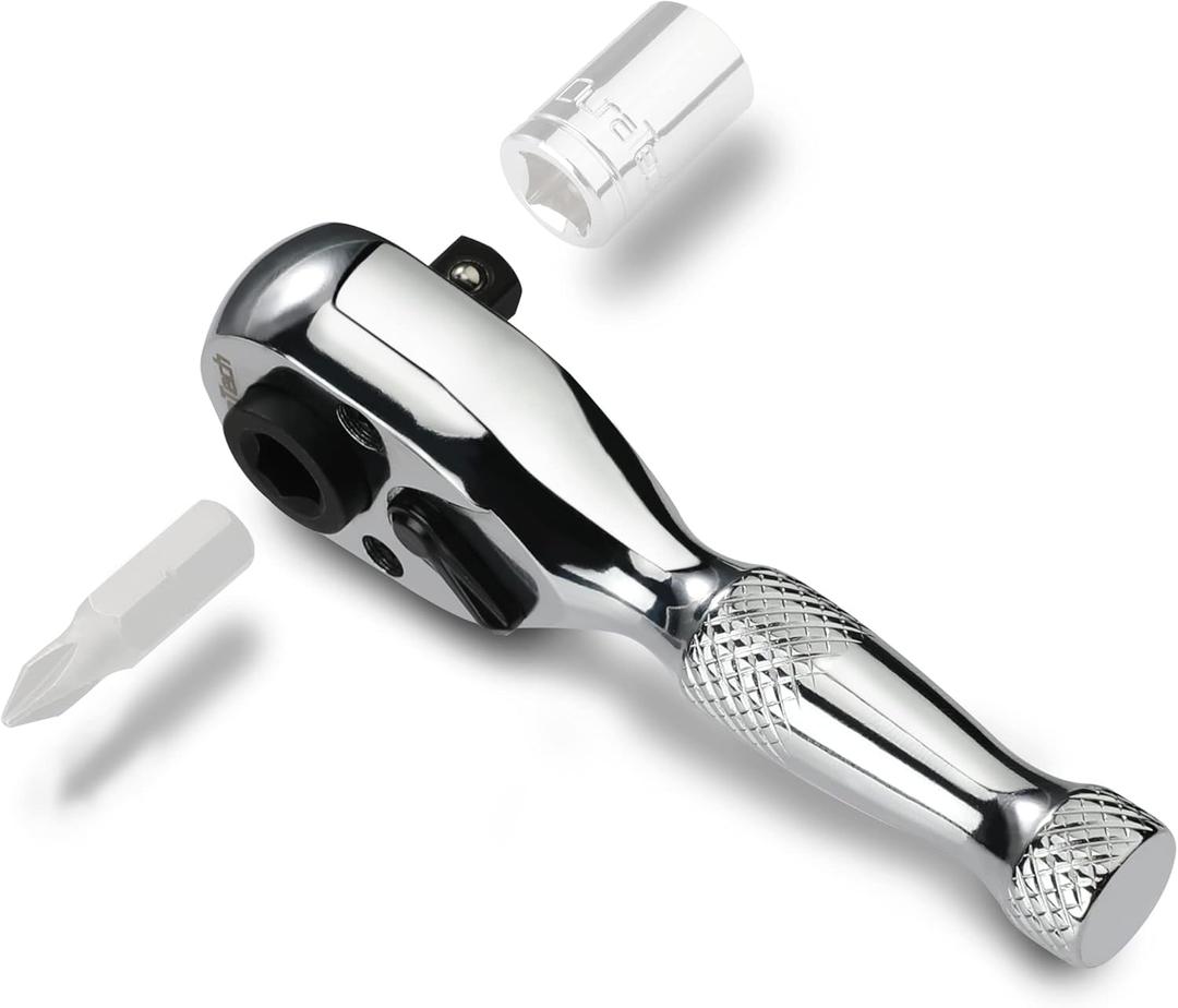 DURATECH 1/4-Inch Stubby Ratchet Wrench, Socket&Bit Driver, 72-Tooth, Chrome Alloy Made, Chrome Plated Finish