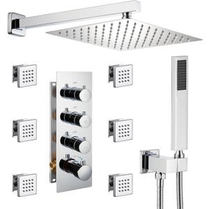 MONDAWE 12 Inch Thermostatic Shower System in Chrome, Wall Mounted Shower Head with Handheld Spray and 6 Body Jets, High Pressure Bathroom Shower Faucet Set with Thermostatic Valve