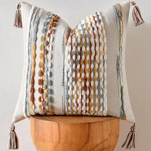 AmHoo Chenille Striped Textured Boho Throw Pillow Covers Aesthetic with Tassels Woven Decorative Pillow Case for Couch Bed Sofa Bedroom Modern Funky 18 x 18-Inch Brown