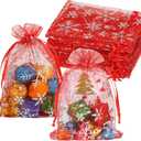HRX Package 100pcs Snowflake Organza Bags Christmas 4x6 inch, Red Drawstring Mesh Gift Pouches for Jewelry Candy Party Favor