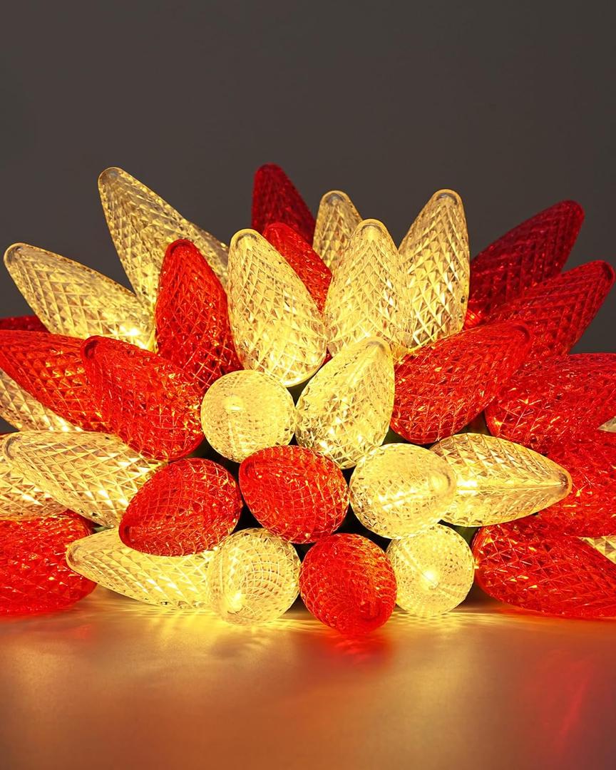 DEWENWILS C9 Red & White Christmas Lights, 33.3ft 50 LED String Lights Waterproof, Indoor/Outdoor Xmas Bulb Light with Hook for House, Xmas Tree, Patio, Garden, Yard, Porch, Green Wire, UL Listed