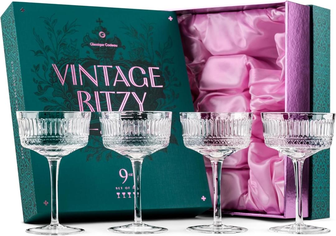 GLASSIQUE CADEAU Vintage Ritzy Cocktail and Champagne Coupe Glasses | Set of 4 | 7 oz Crystal Long Stemmed Glassware for Drinking Martini, Cosmopolitan, Manhattan | Retro Saucers