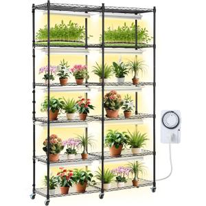 VEVOR Plant Stand with Grow Light, 6-Tier Large Tall Plant Shelf with 3000K 200W Full Spectrum Grow Light, Indoor Grow Light Shelf with Timer and Wheel for Seed Starting 47.2" L x 13.8" W x 70.8" H