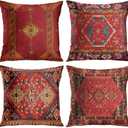 Britimes Throw Pillow Covers Geometric Kilim Moroccan Home Decor Set of 4 Oriental Ikat Pillow Cases Living Room Decorative 18 x 18 Inches Cushion Couch Sofa Pillowcases Colorful Red Tribal